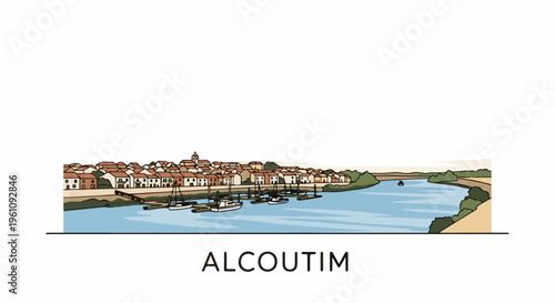 Scenic waterfront town with tiled rooftops, boats docked in a calm blue river
