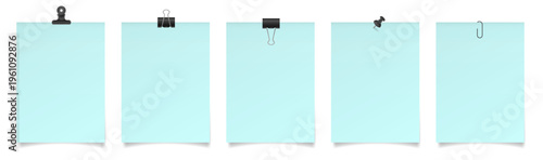 Set of large paper notes with binder clips, bulldog clip, paper clip and push pin. Light teal sheets of paper. Black holders	