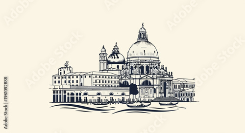 Sketch of grand domed architecture along a waterway with boats