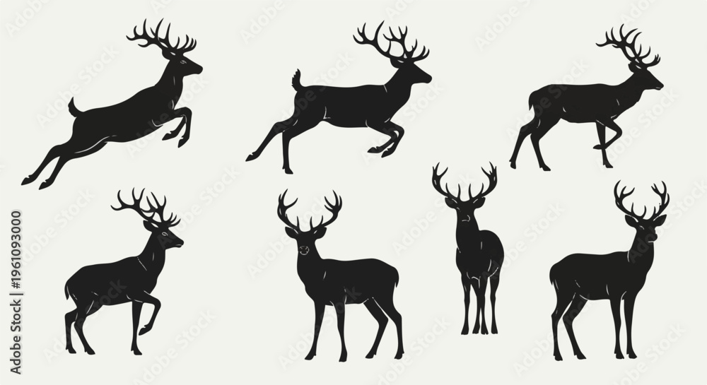 Fototapeta premium Silhouetted deer in various dynamic poses, set against a plain background