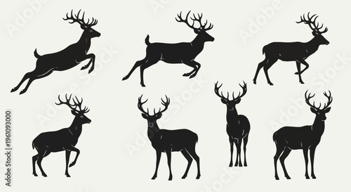 Silhouetted deer in various dynamic poses, set against a plain background