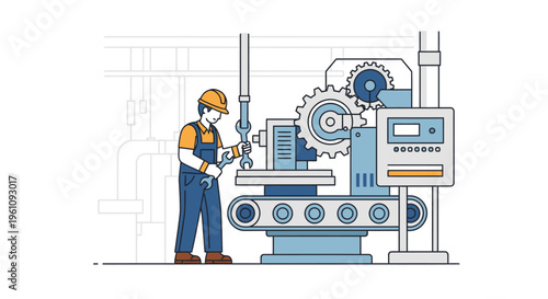 An industrial worker in a yellow hard hat and blue overalls standing next to a large industrial machine with a control panel and gear mechanism in a factory setting with a predominantly