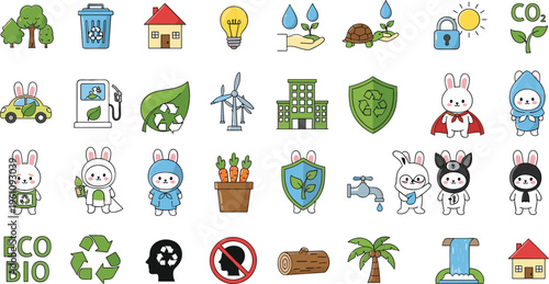 Eco friendly icons and cute bunny characters collection, environmental protection, recycling, renewable energy and sustainability vector illustration for green design projects