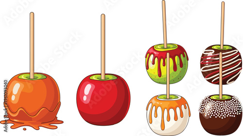 Caramel apple collection with chocolate and candy coated apples on sticks, festive sweet treats for autumn fair and Halloween vector illustration