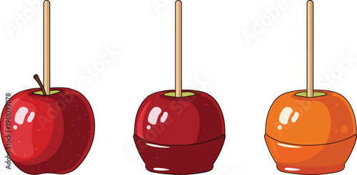 Caramel apple set with red and orange candy coated apples on sticks, sweet autumn fair treats vector illustration isolated collection