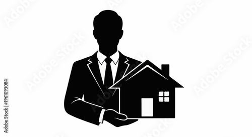 Silhouette of a man in a suit holding a house, symbolizing real estate