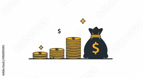 Stacks of gold coins grow into a money bag on a white background