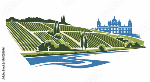 Scenic vineyard vista with chateau and winding river below