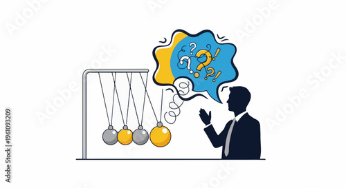 Silhouette of a man in a suit pondering questions represented by Newton's cradle