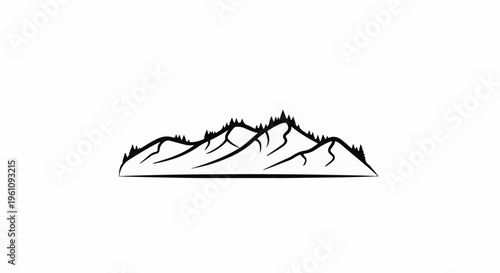 Stylized black and white mountain range with evergreen trees