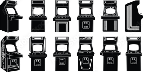Arcade machine silhouettes collection with retro gaming cabinets and classic video game consoles illustration isolated on white background for entertainment design