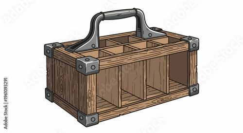 Sturdy wooden caddy with metal accents and handle, divided for carrying