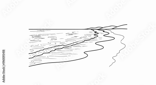 Stylized black and white outline drawing of a gentle ocean wave approaching a shore