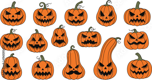 Set of spooky Halloween pumpkin faces collection, carved jack o lantern expressions illustration isolated on white background for festive design
