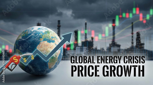  Global energy crisis and fuel price growth concept with globe and oil refinery background.