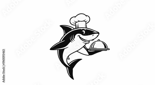 Smiling shark in chef hat holding silver platter with dome lid