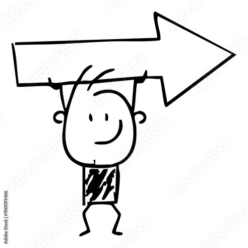 A cartoon character holding a large arrow pointing to the right