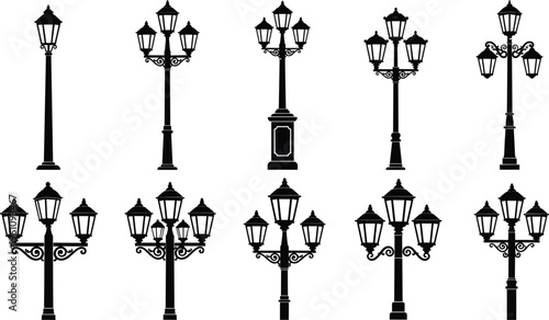 Vintage street lamp silhouettes collection with classic decorative lantern designs, urban lighting illustration isolated on white background for architecture and city design
