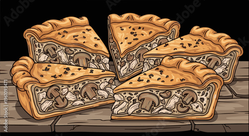 Slices of savory pie with mushrooms and chicken filling, presented on wooden boards