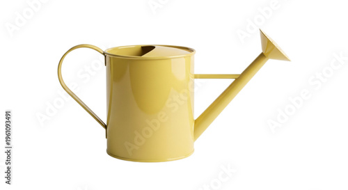Yellow metal watering can with long spout and handle for gardening and plants transparent background