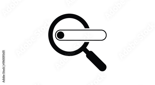 A black and white icon depicting a magnifying glass over a search bar