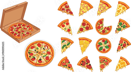 Pizza collection with whole pies and slices, assorted toppings including pepperoni, cheese and vegetables, Italian fast food vector illustration set