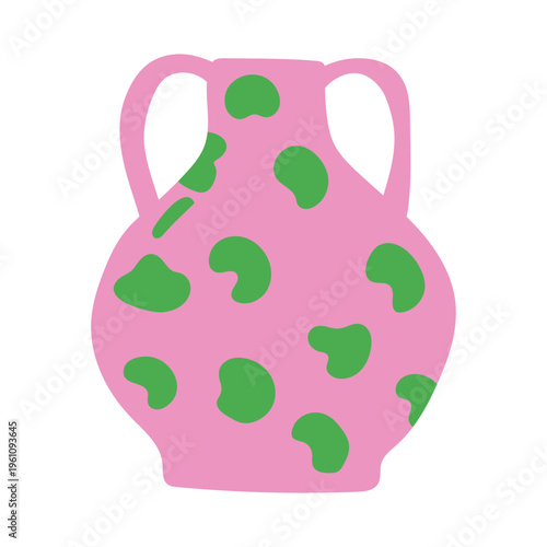 Pink ceramic vase with green abstract spots boho decor flat vector