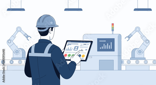 An industrial worker in a hard hat examines a tablet with industrial robots and machinery in the background in a factory setting with a focus on technology and industry.