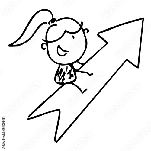 A cartoon girl riding an upward arrow with a happy expression