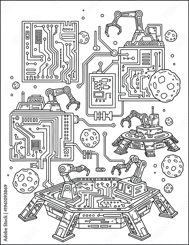 Obraz premium Robotic space mining circuit board technology illustration