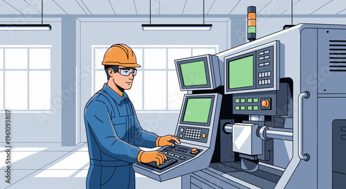 An industrial worker in a blue uniform and orange hard hat operating a computer-controlled machine with two green screens in a modern factory setting with gray walls and large windows.