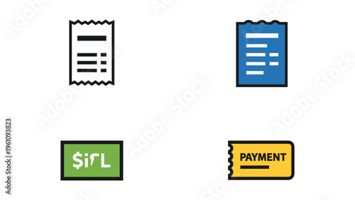 Four pixel art icons representing documents, receipts, and financial transactions