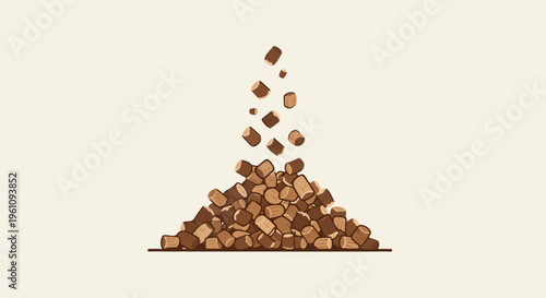 Small wooden pieces falling and accumulating into a pile