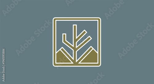 Stylized abstract symbol of tree branches above mountain peaks in a square