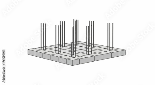 Abstract 3D Construction Foundation Model with Steel Reinforcement Rods on White Background