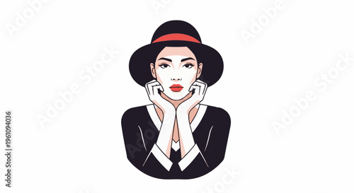 Stylish woman wearing a hat and black dress with hands on face