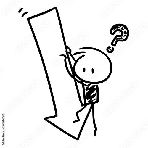 A cartoon character holding a large downward arrow with a puzzled expression