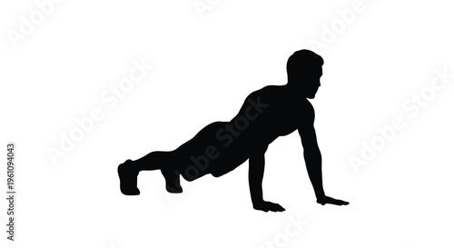 Silhouette of a man performing a push up exercise against a white background