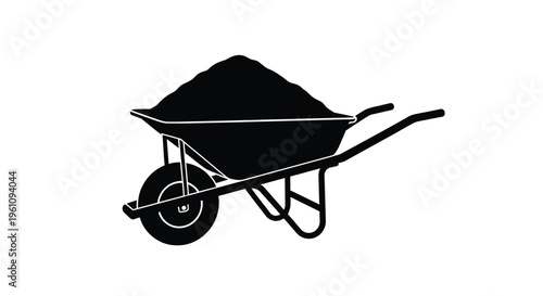 A black silhouette of a wheelbarrow filled with a dark piled load
