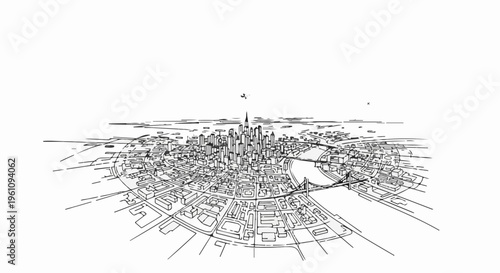 Stylized aerial view sketch of a densely built cityscape with tall skyscrapers