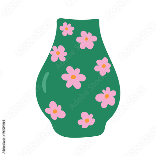 Cute green vase with pink flowers pattern flat vector illustration