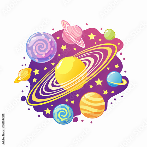 Colorful cartoon planets and stars in a purple nebula with ringed planet