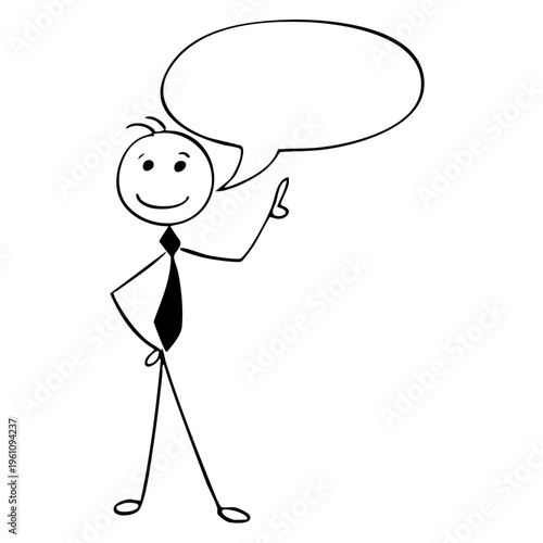 A smiling stick figure in a tie holding a speech bubble