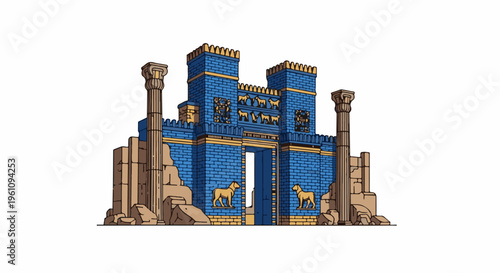 Stylized ancient blue brick gateway with tan stone columns and reliefs
