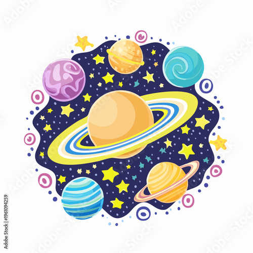 Array of cartoon planets and stars in dark blue space with ringed planet