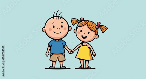 Smiling cartoon children, a boy and girl, holding hands on a light blue background