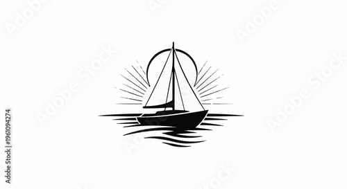 Silhouette of a sailboat with sun rays and water in a graphic style