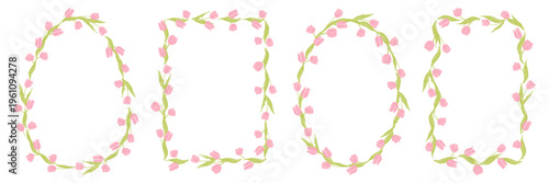 Hand drawn tulip floral frames collection. Whimsical botanical borders. Romantic spring flower wreaths for invitations, cards and posters.