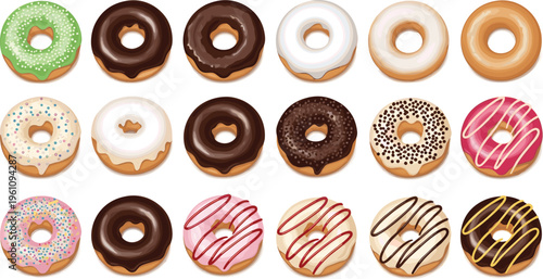Assorted donut collection with glazed, chocolate and sprinkled doughnuts, sweet bakery dessert variety set isolated on background vector illustration