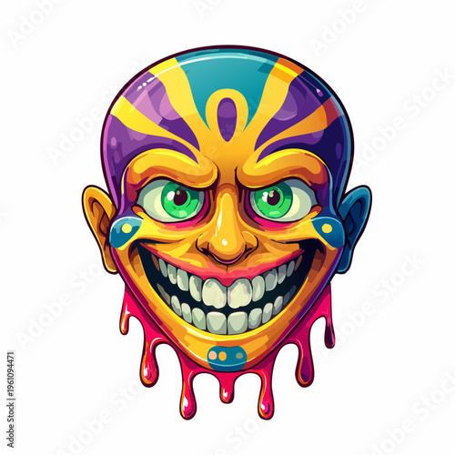 Face illustration with green eyes, grinning mouth, and colorful drips